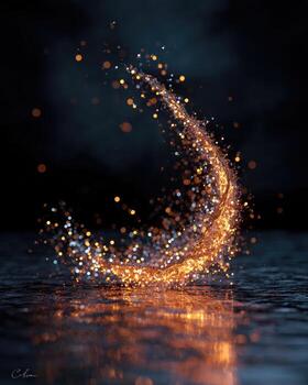 A crescent moon is made of sparkles in the water photo