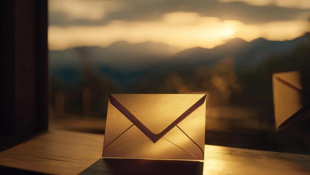 Email envelope on window sill with mountains in the background photo