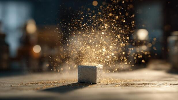 A cube of gold is being sprinkled with dust photo