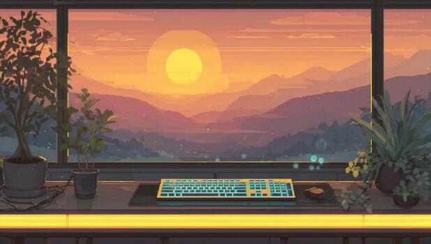 A computer and a keyboard in front of a window with mountains in the background photo