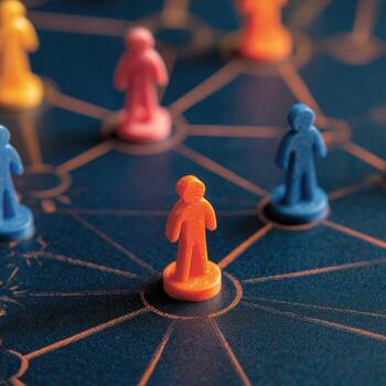 A group of people are standing on a board with a network of colored people photo