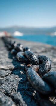 A chain is sitting on the ground next to a body of water photo