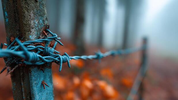 Barbed wire fence in the fog photo