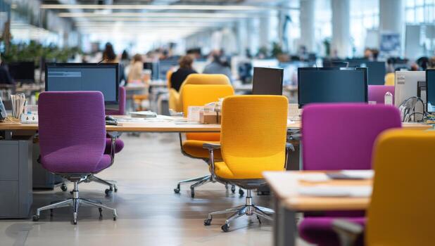 A large open office with many colorful chairs photo