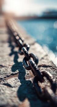 A chain is attached to a wall near the ocean photo
