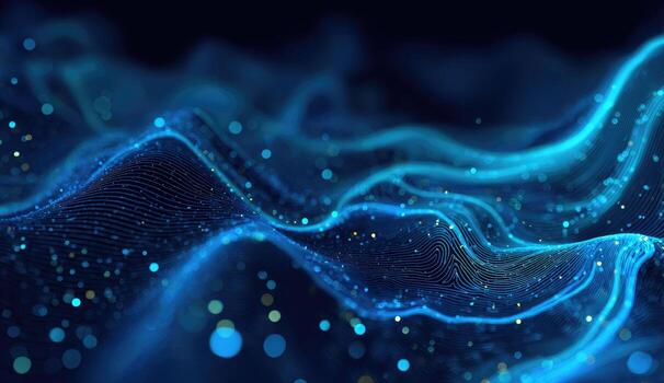 Blue waves of light and particles on a dark background photo