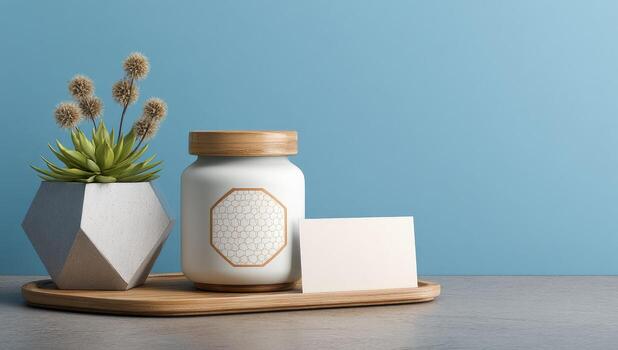 A jar with a plant and a note on a tray on a blue background 3d rendering photo