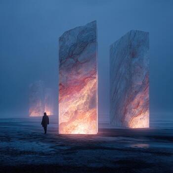 A man standing in front of three large stone pillars photo