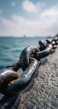 A chain is attached to a rock by the ocean photo