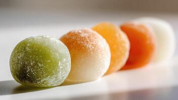 A row of four different colored fruit photo
