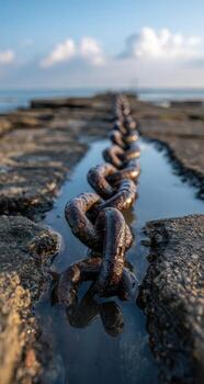 A long chain is sitting on the ground next to the ocean photo