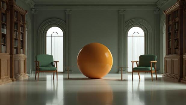 An empty room with a large egg sitting in the middle photo