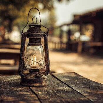 An old lantern on a wooden table photo
