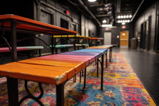 A row of colorful benches in a room photo