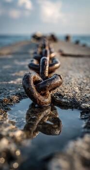 A chain is sitting on the ground next to the ocean photo