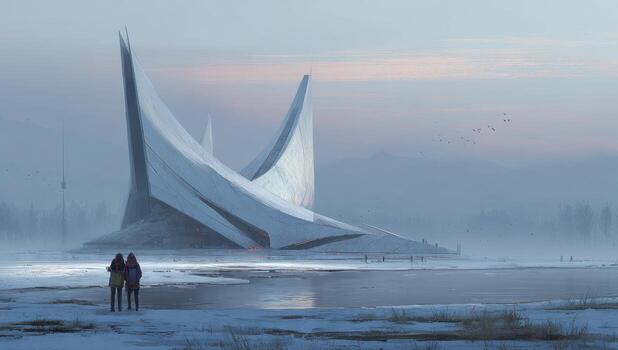 Two people stand in front of a large building photo