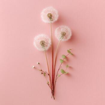 Three dandelions on a pink background photo