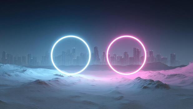 Two rings in the shape of a city in the middle of a snowy field photo