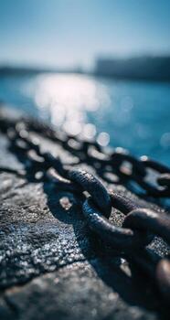 A chain is sitting on a rock near the water photo