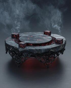 A black stone table with red smoke coming out of it photo