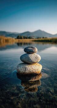 Stacked stones in water with mountains in the background photo