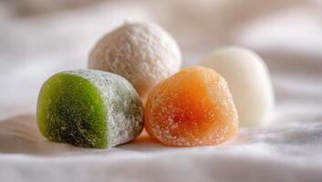 Three different colored sugar balls sitting on a white cloth photo