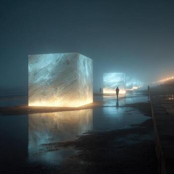 A man standing in front of a large cube on the beach photo
