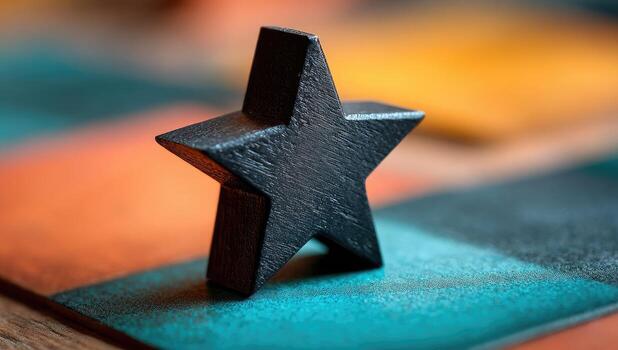 A wooden star on a colorful checkered table photo