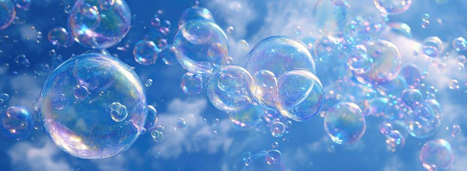 Soap bubbles floating in the air on a blue sky photo