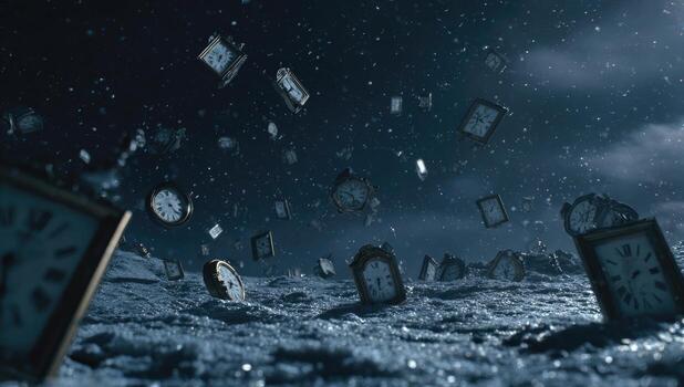 A group of clocks are floating in the air photo