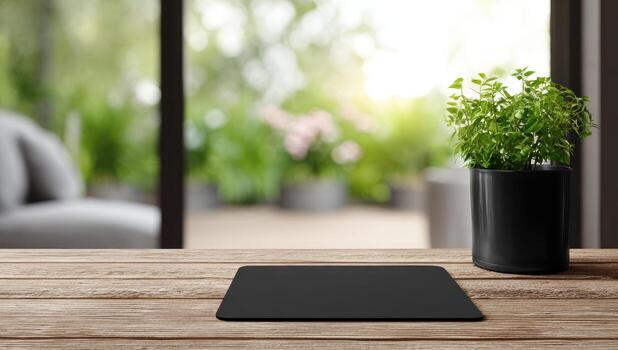 A black mousepad on a wooden table with a plant in a pot photo