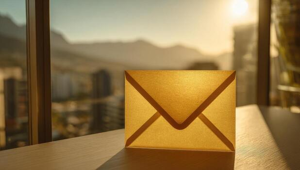 Email envelope on a window sill with cityscape in the background photo