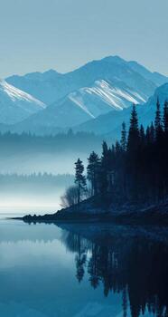 A lake with trees and mountains in the background photo