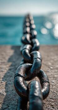 A chain is shown in front of the ocean photo