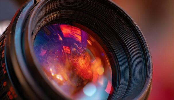 A close up of a camera lens with a bright red background photo
