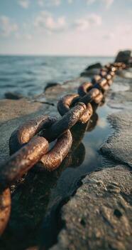 A chain is sitting on the edge of a rock photo