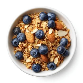 Granola with blueberries and almonds in a bowl on a white background photo