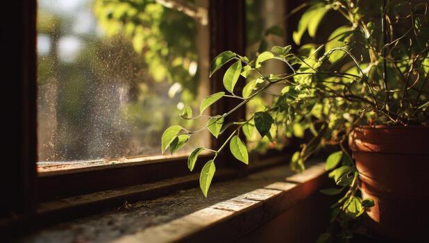 A plant is sitting on a window sill next to a window photo