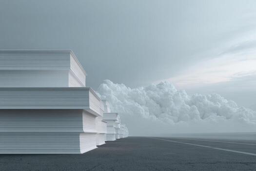 Stack of books on the road with clouds in the background photo