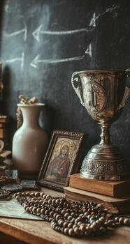 A table with a silver trophy, a vase and other items photo