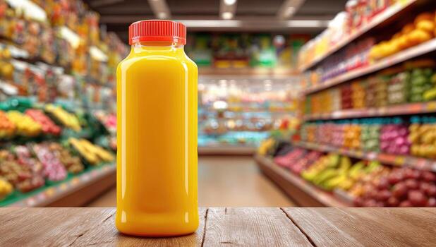 A bottle of orange juice on a table in front of a store photo