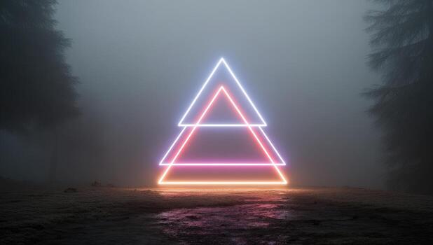 A neon triangle in the fog with trees in the background photo