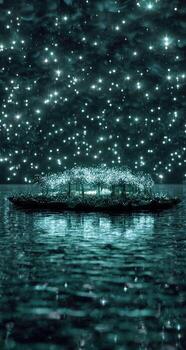 A floating island with lights on it in the water photo