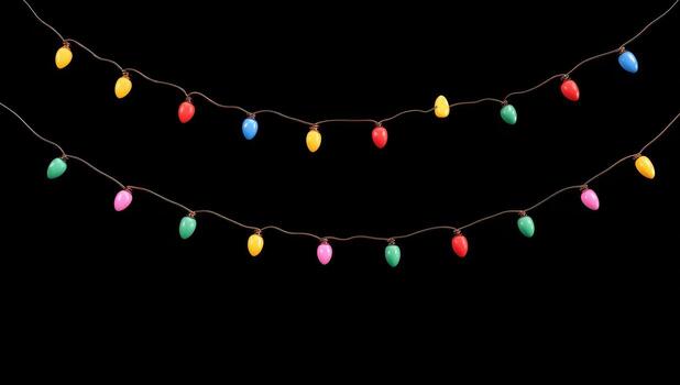 A string of christmas lights is hanging from a black background photo