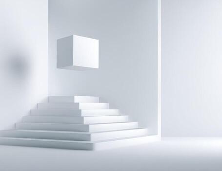 3d rendering of empty white room with stairs and cube photo