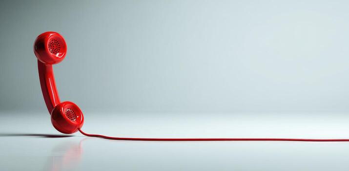 A red telephone cord is connected to a wall photo