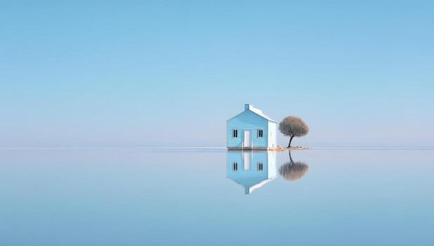A small house on a small island in the middle of water photo