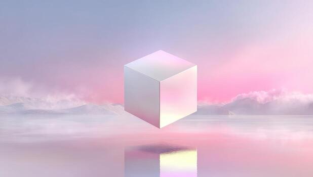 A cube with a pink sky and clouds in the background photo