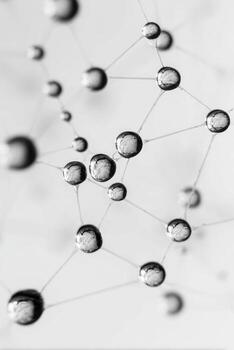 A black and white photo of a network of water droplets