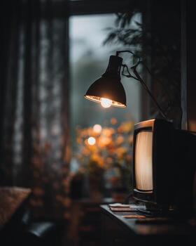 An old television is sitting on a table with a lamp photo